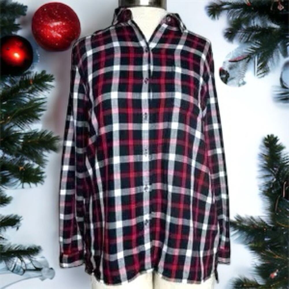 J. Jill Womens Red Plaid Long Sleeve Button Up Shirt 100% Cotton Flannel XS